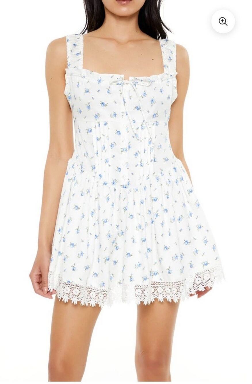 Floral Dress Blue White Medium Milk Maid Farmhouse Mini Forever 21 Y2K Cottage